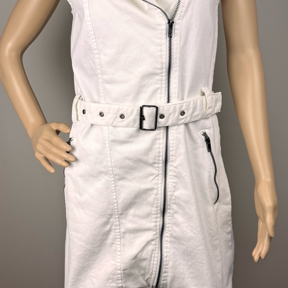 Divided White Denim Moto Zip Buckle Strap Bodycon Dress Sz 8 Biker Party - Picture 3 of 16
